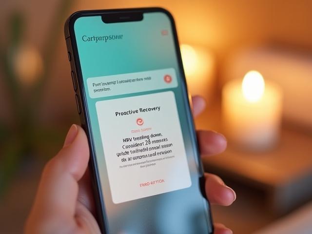 Smartphone showing a notification for a declining HRV, suggesting a mindfulness exercise or sauna.