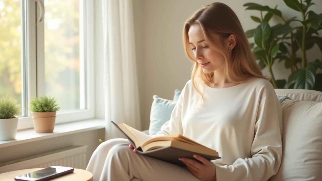 A woman peacefully reading a physical book by a sunlit window, phone face-down on a wooden side table, illustrating digital detox and mindfulness.