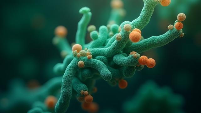 Artistic representation of gut microbiome bacteria in vibrant colors against a dark background