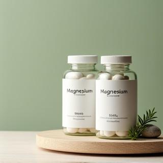 Bottles of high-quality magnesium supplements on a natural wood surface