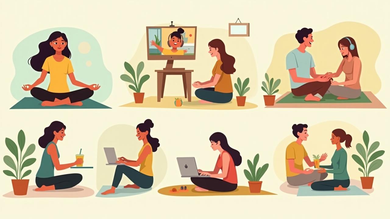 Collage of engaged participants and expert instructors in various virtual wellness workshops, showcasing diverse activities like yoga, meditation, and healthy cooking.